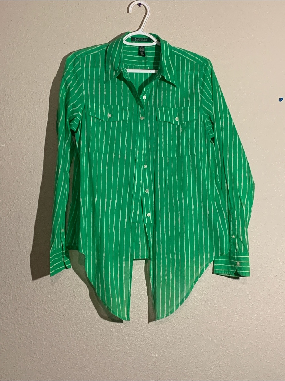 Lauren Ralph Lauren Green White Striped Tie Front Button Down Top M